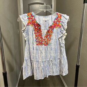 THML White and Blue Striped Blouse with Colorful Embroidery - Size Large